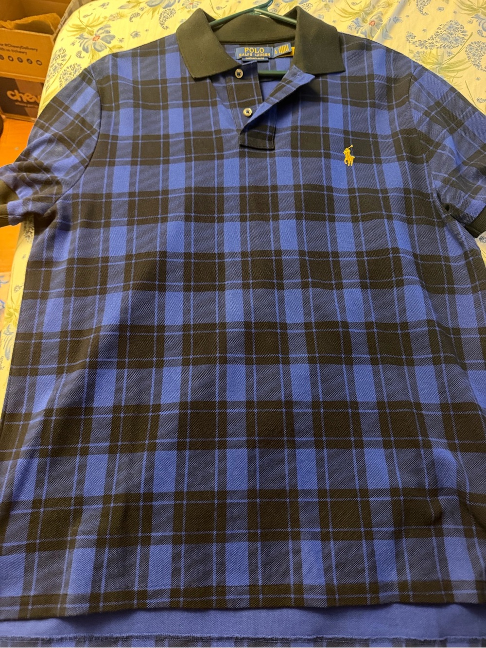Ralph Lauren Blue and Black Plaid Polo with Yellow Pony
